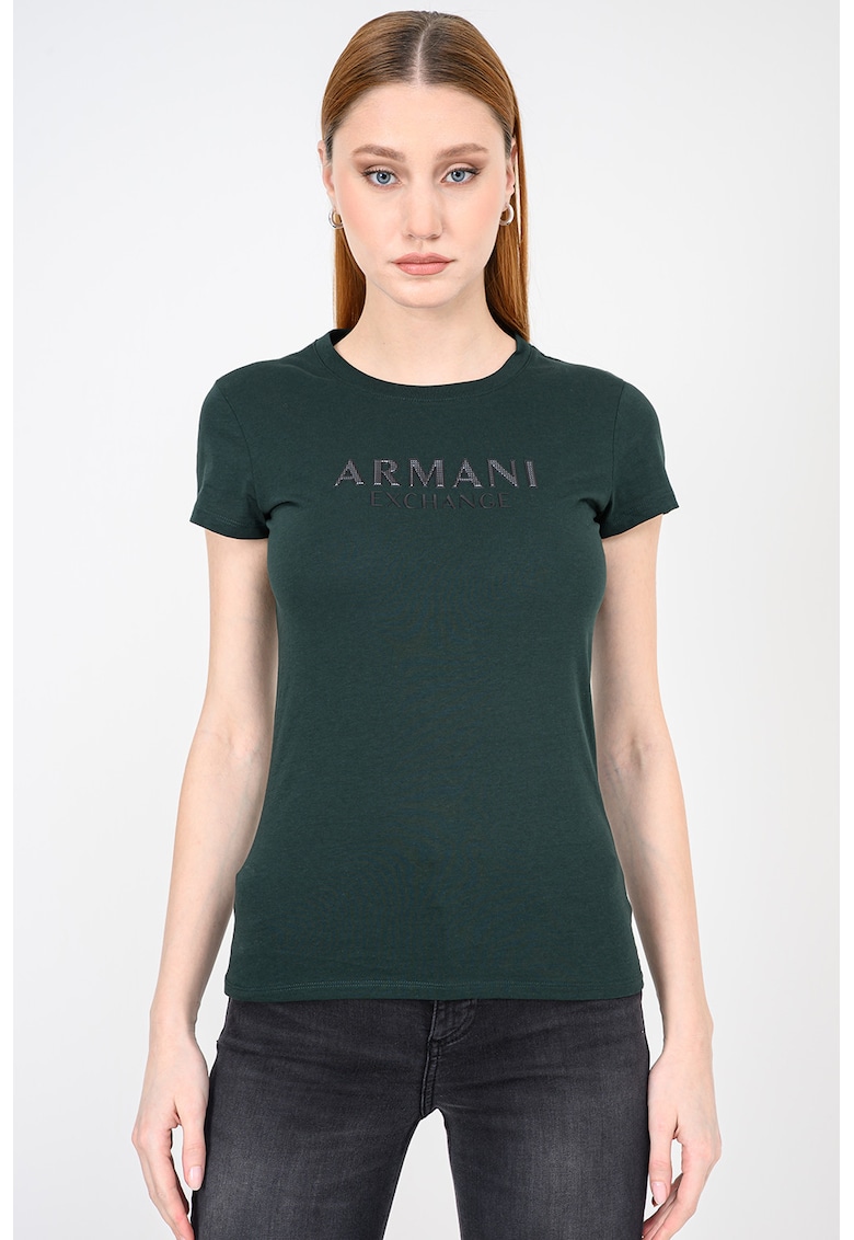 Tricou slim fit de bumbac cu imprimeu logo - Negru/Verde inchis