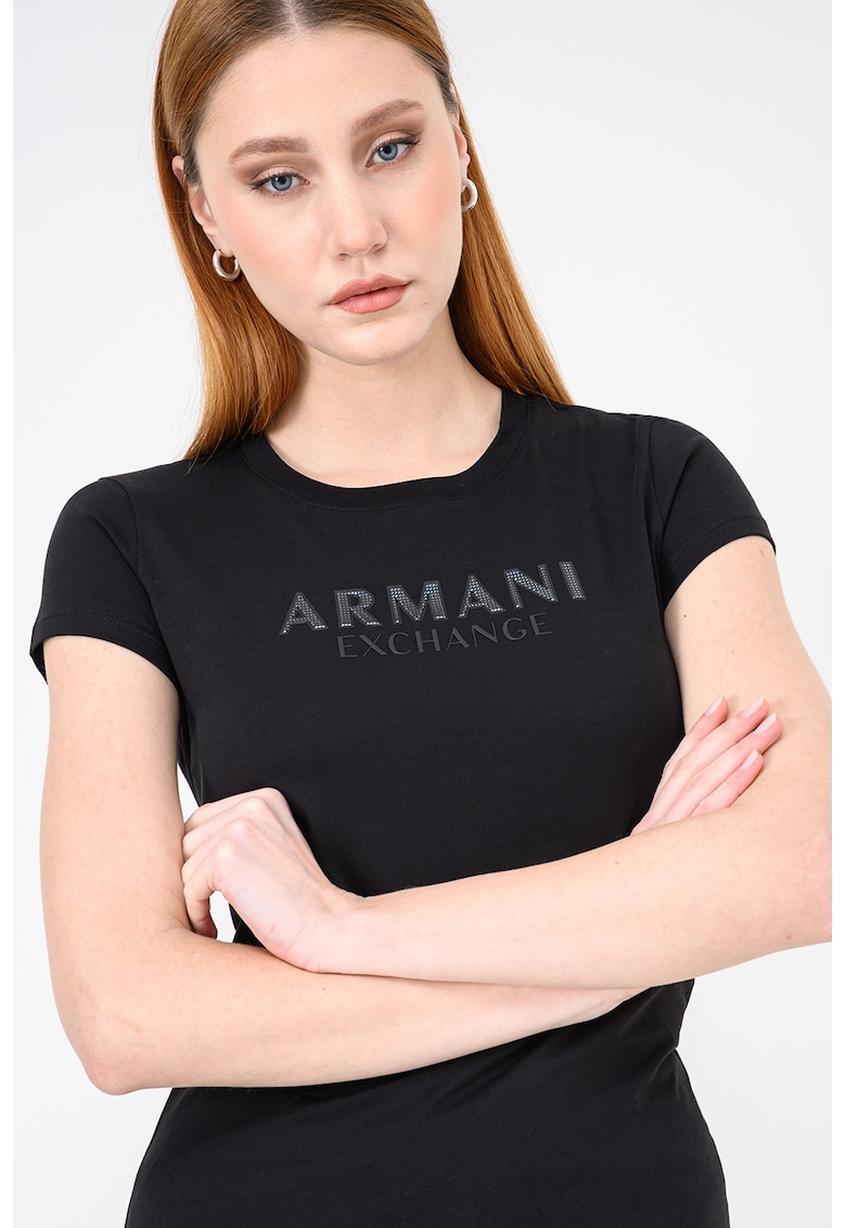 Tricou slim fit de bumbac cu imprimeu logo - Negru