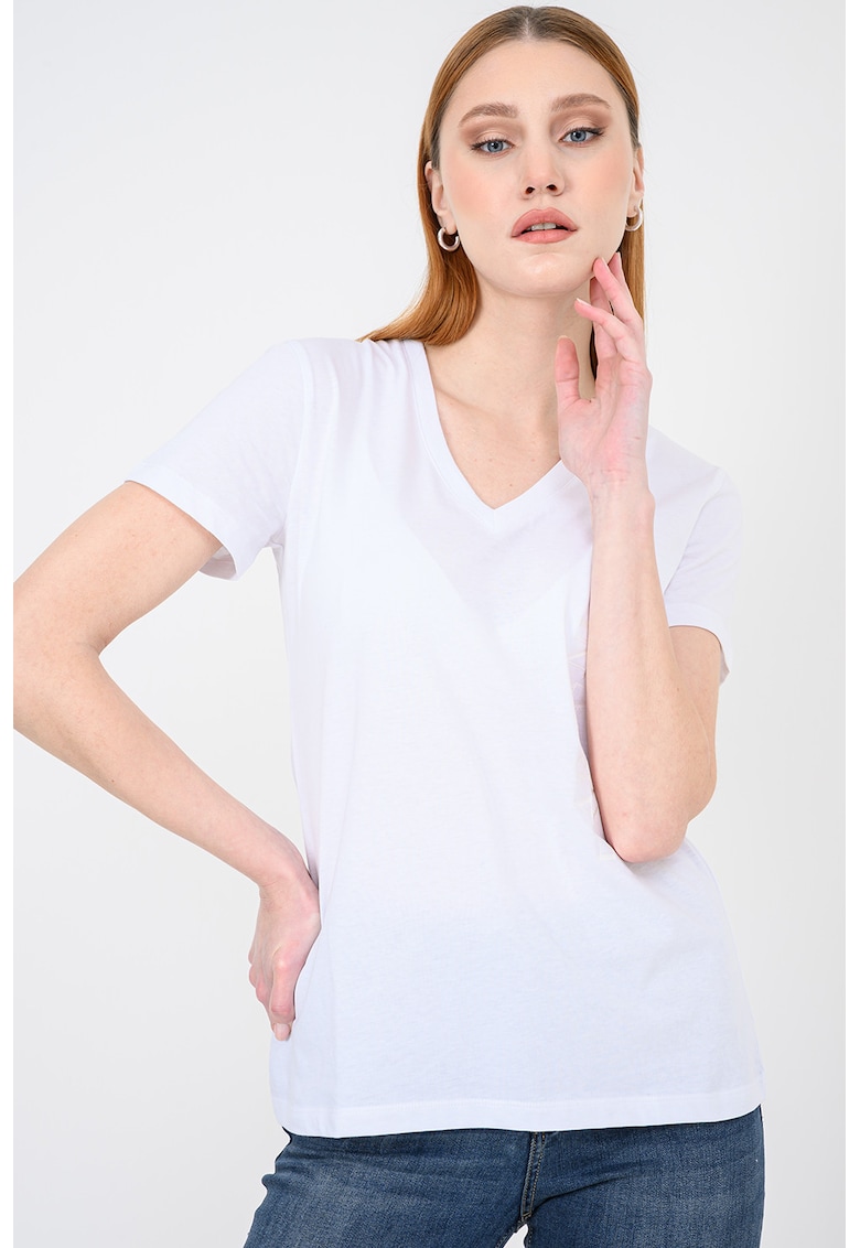 Tricou de bumbac cu decolteu in V si logo discret - Alb optic