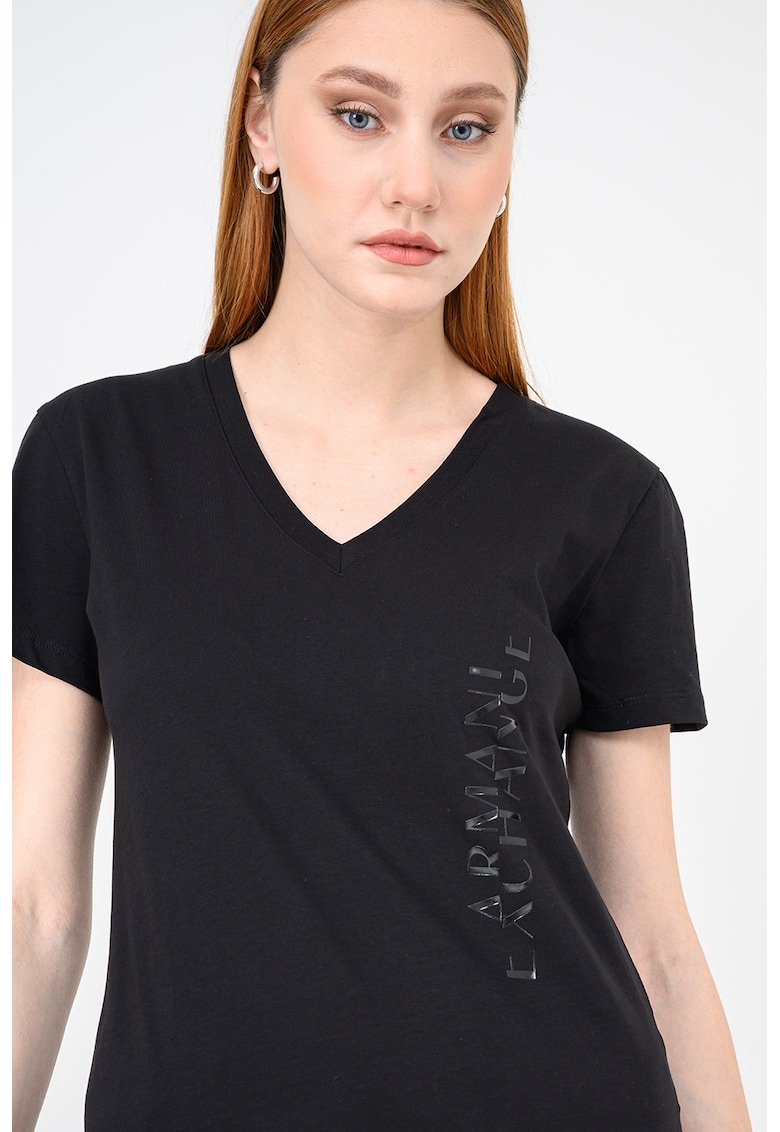Tricou de bumbac cu decolteu in V si logo discret - Negru
