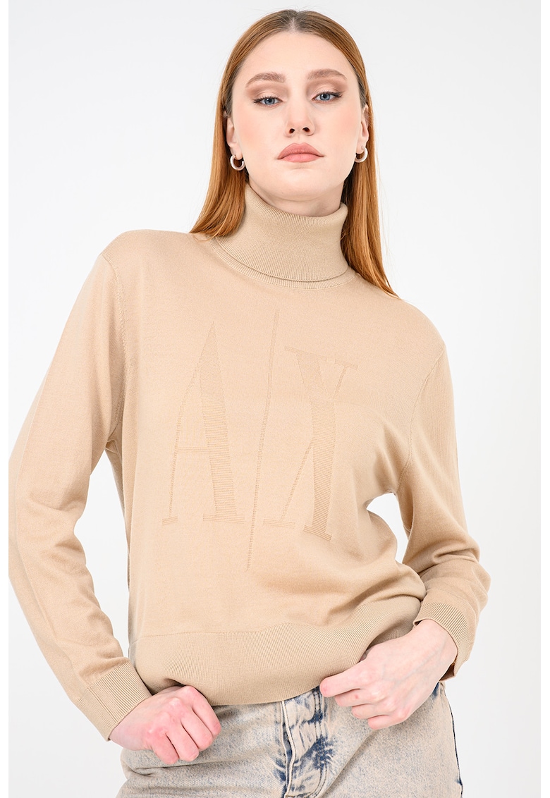 Pulover de lana lejer cu guler inalt - Maro nisip