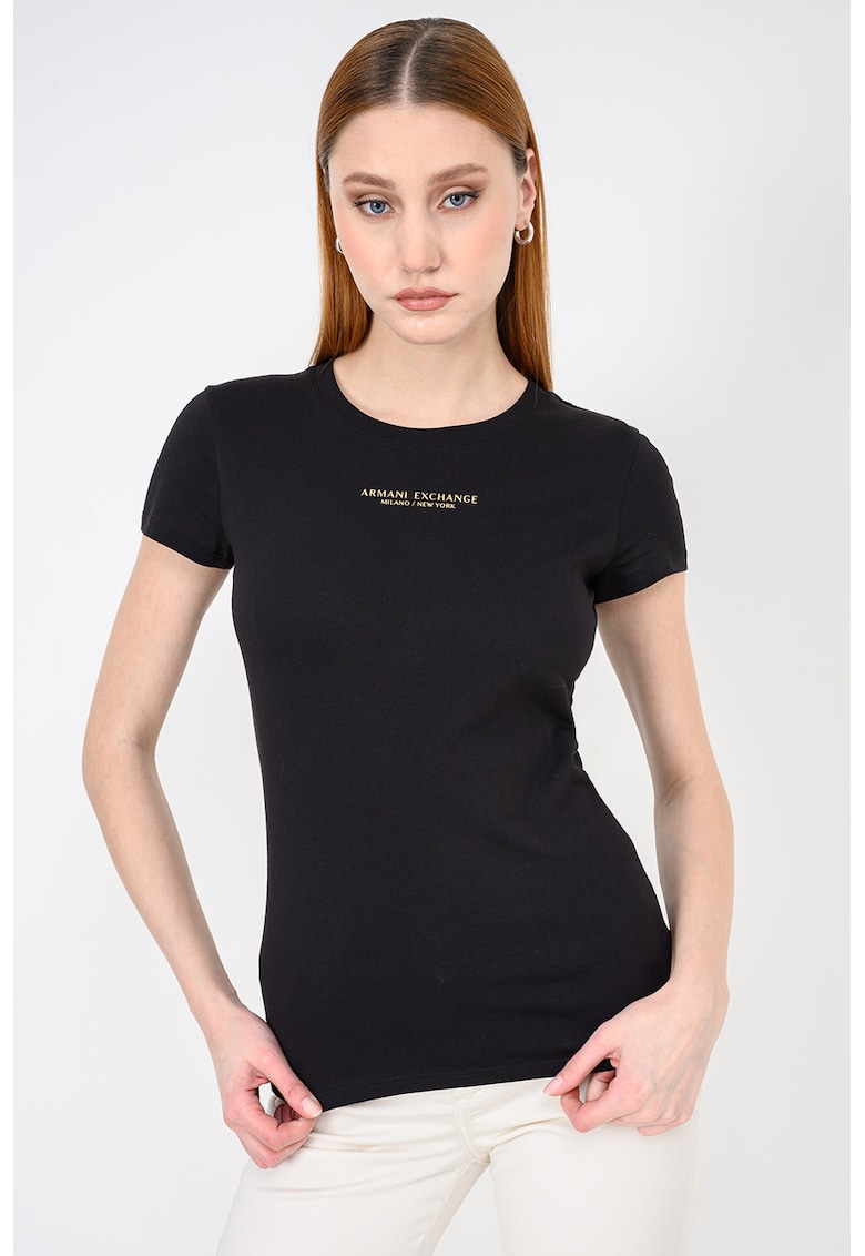 Tricou slim fit cu decolteu la baza gatului - Auriu/Negru