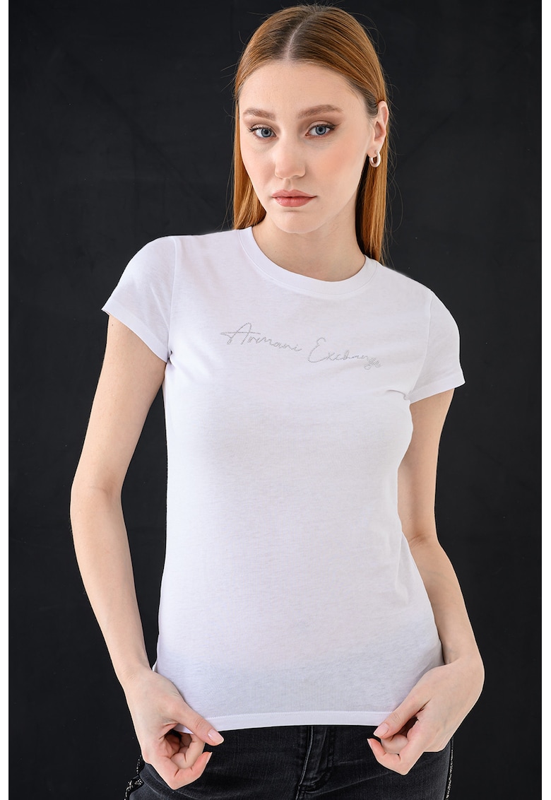Tricou slim fit cu logo cu strasuri - Alb/Argintiu