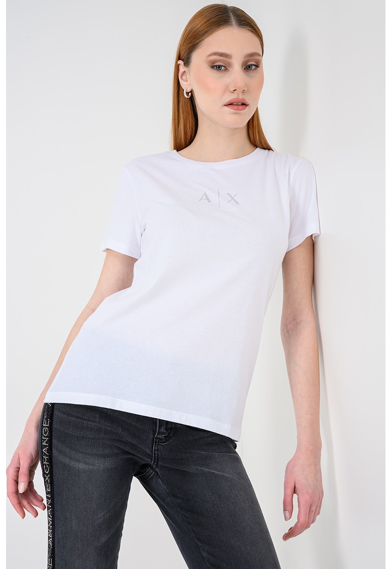 Tricou de bumbac cu logo cu strasuri - Alb/Argintiu