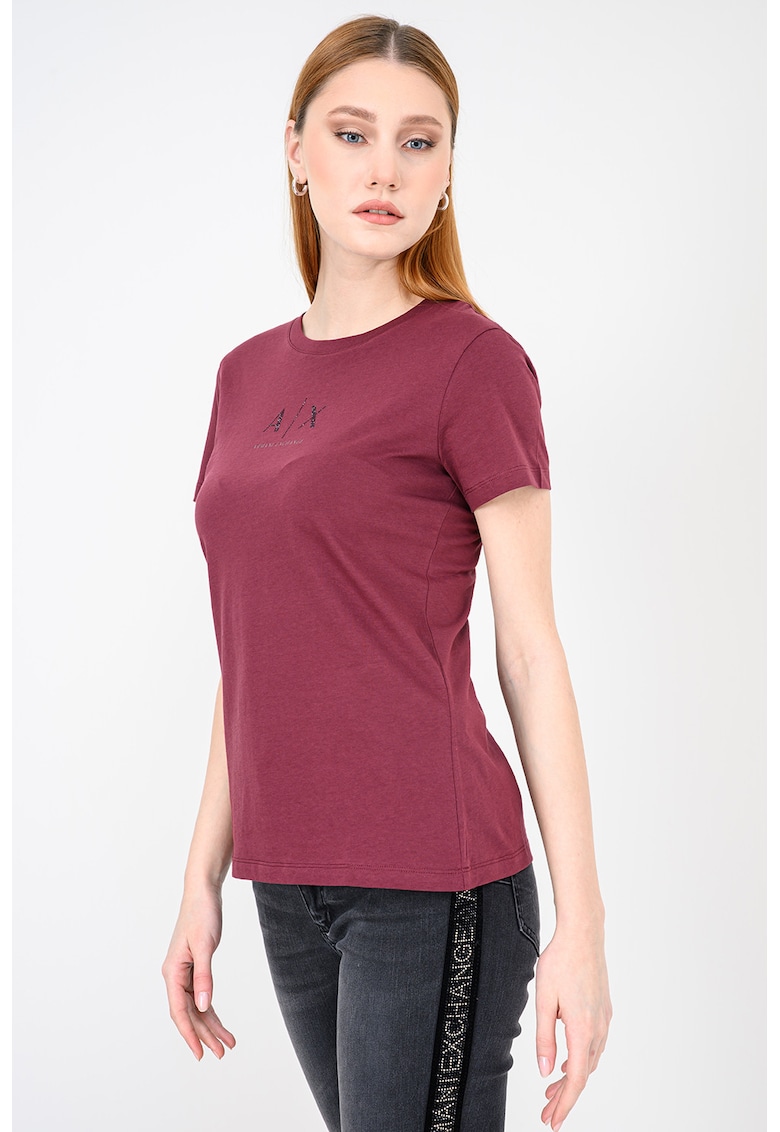 Tricou de bumbac cu logo cu strasuri - Negru/Violet pruna