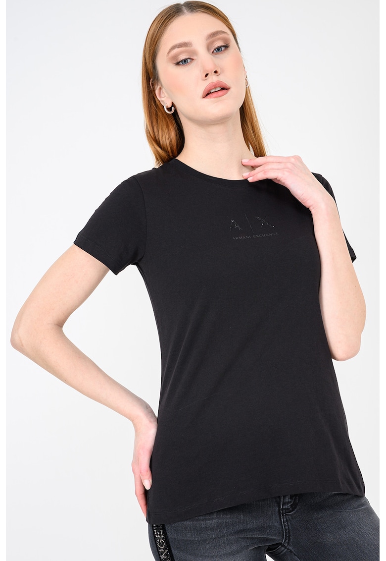 Tricou de bumbac cu logo cu strasuri - Negru