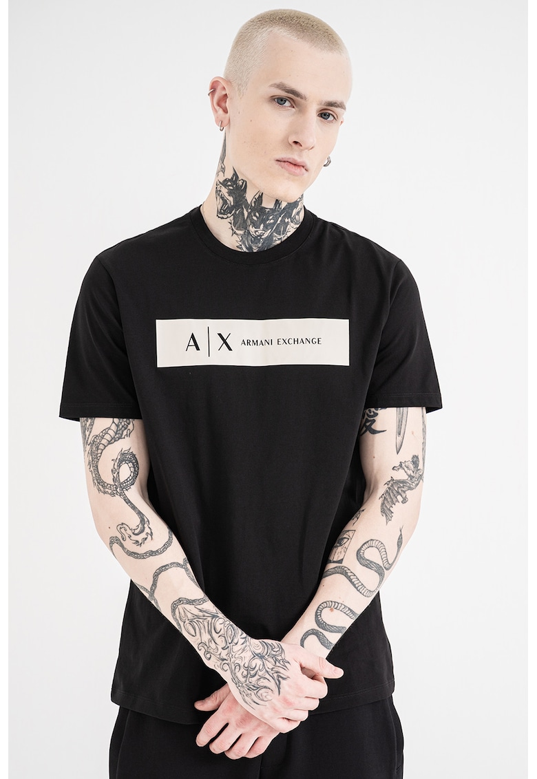 Tricou regular fit de bumbac cu logo contrastant - Negru/Alb murdar