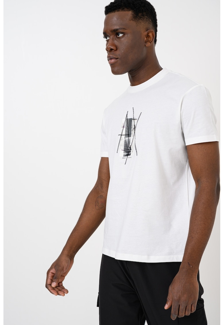 Tricou de bumbac cu logo frontal - Alb/Negru/Verde padure