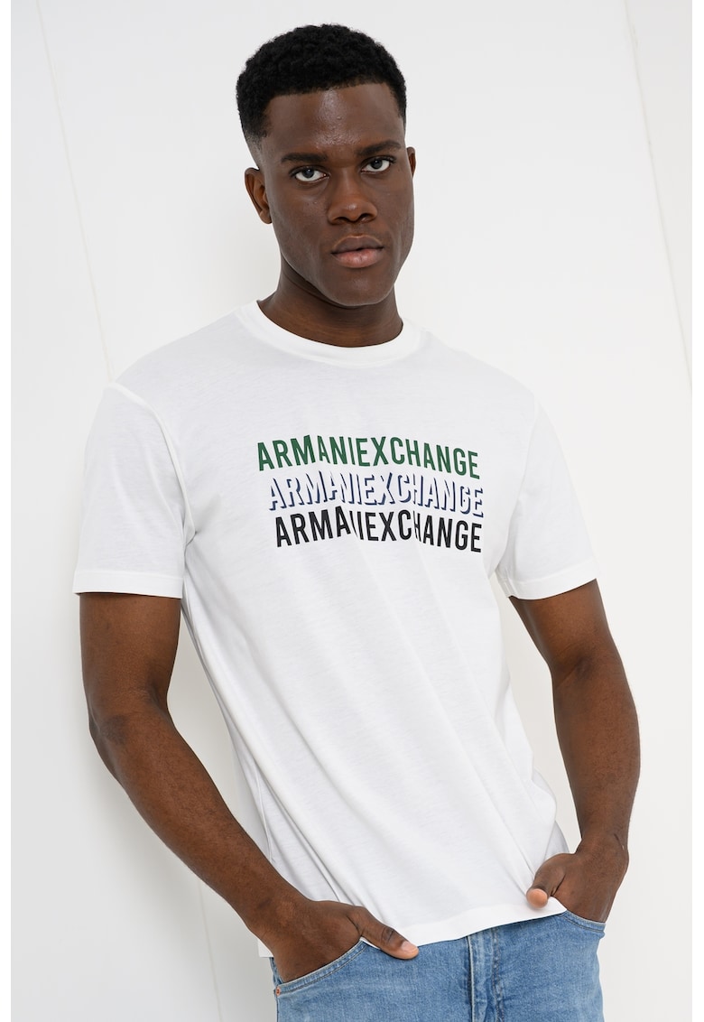 Tricou de bumbac cu logo - Alb/Verde englez/Bleumarin