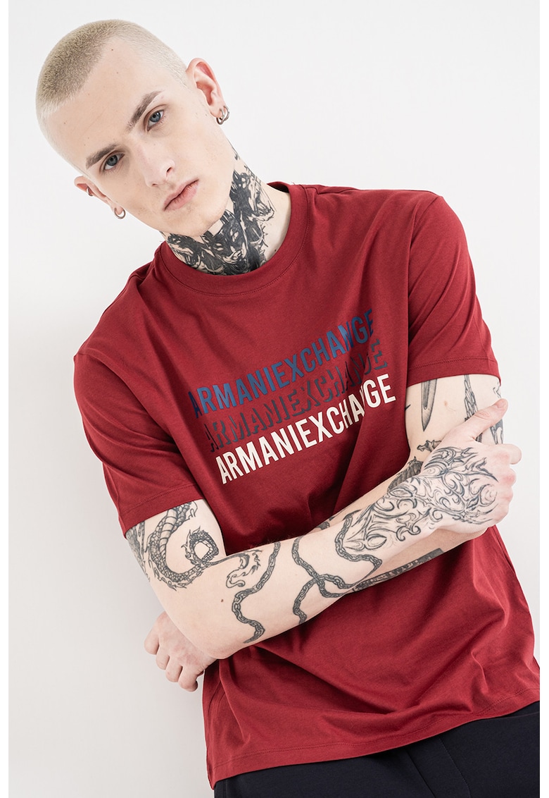 Tricou de bumbac cu logo - Rosu inchis/Albastru