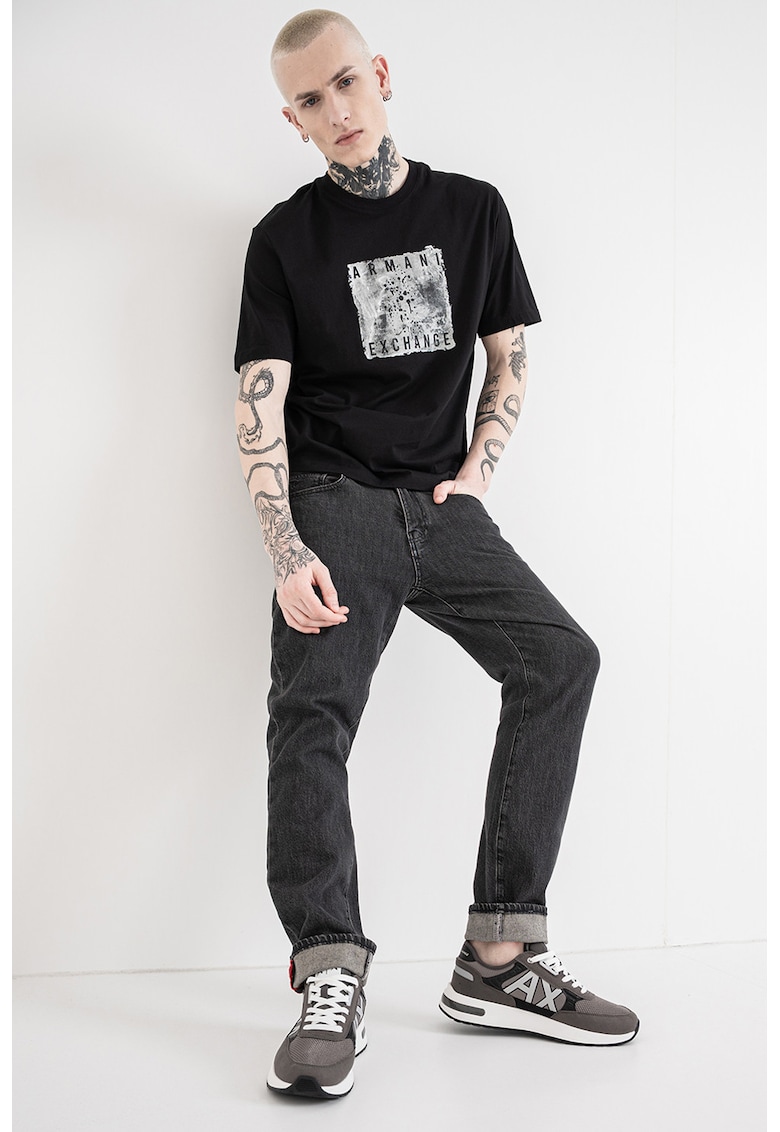 Tricou cu logo si decolteu la baza gatului - Negru/Gri deschis