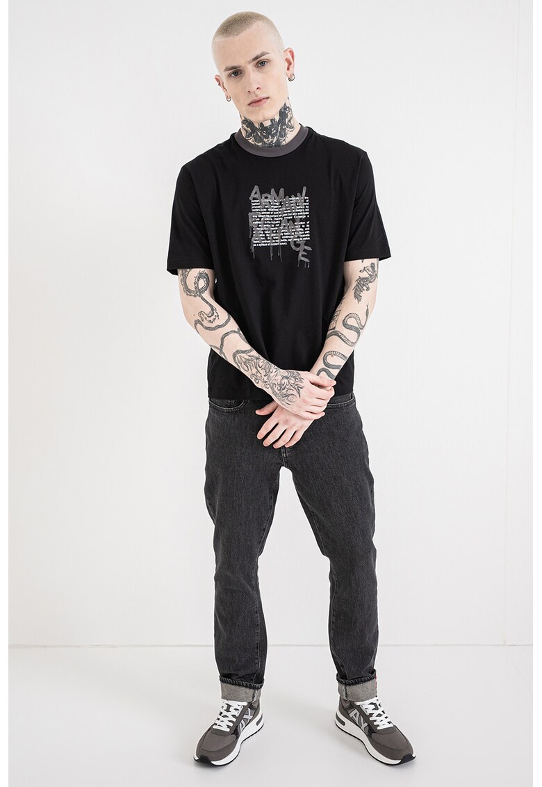 Tricou cu decolteu la baza gatului si logo - Negru/Gri/Alb murdar