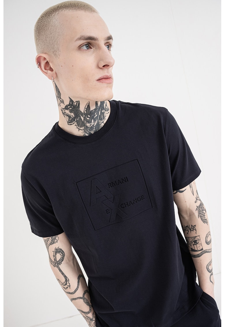 Tricou de bumbac cu decolteu la baza gatului - Bleumarin
