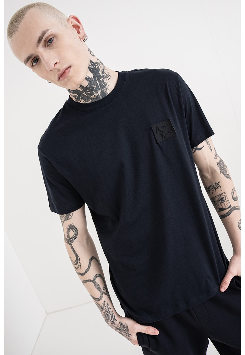 Tricou regular fit cu decolteu la baza gatului - Negru/Bleumarin