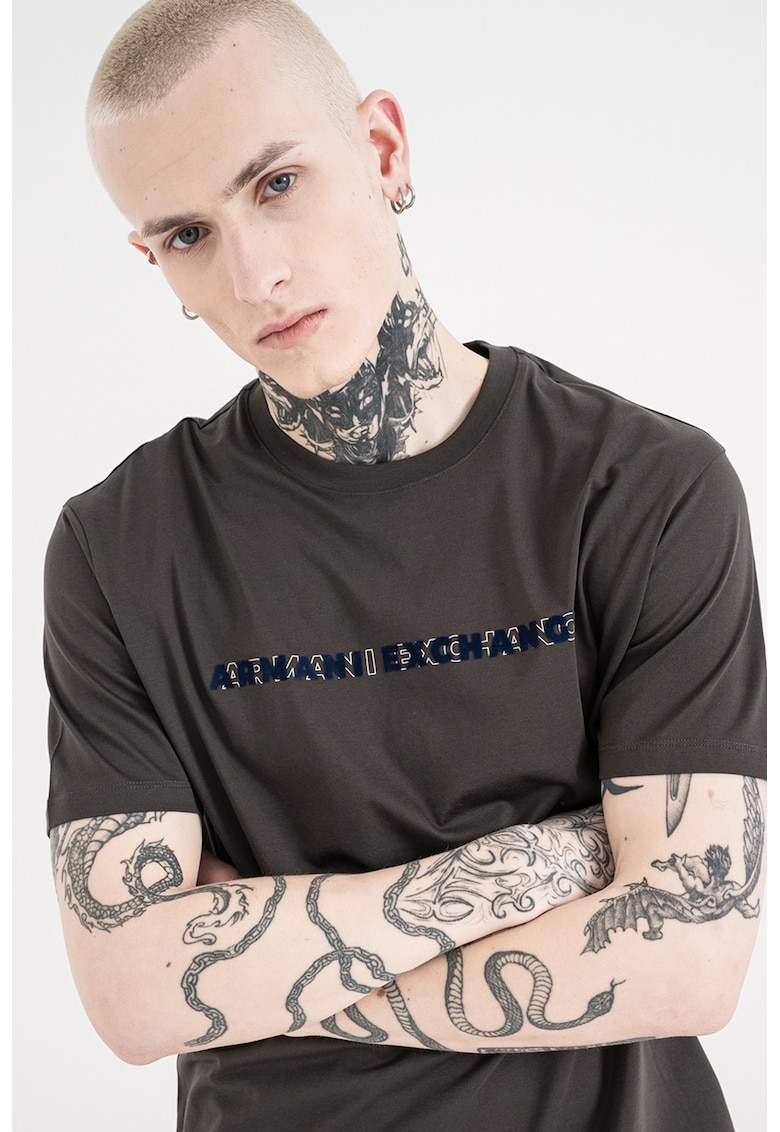 Tricou de bumbac cu model text - Maro inchis