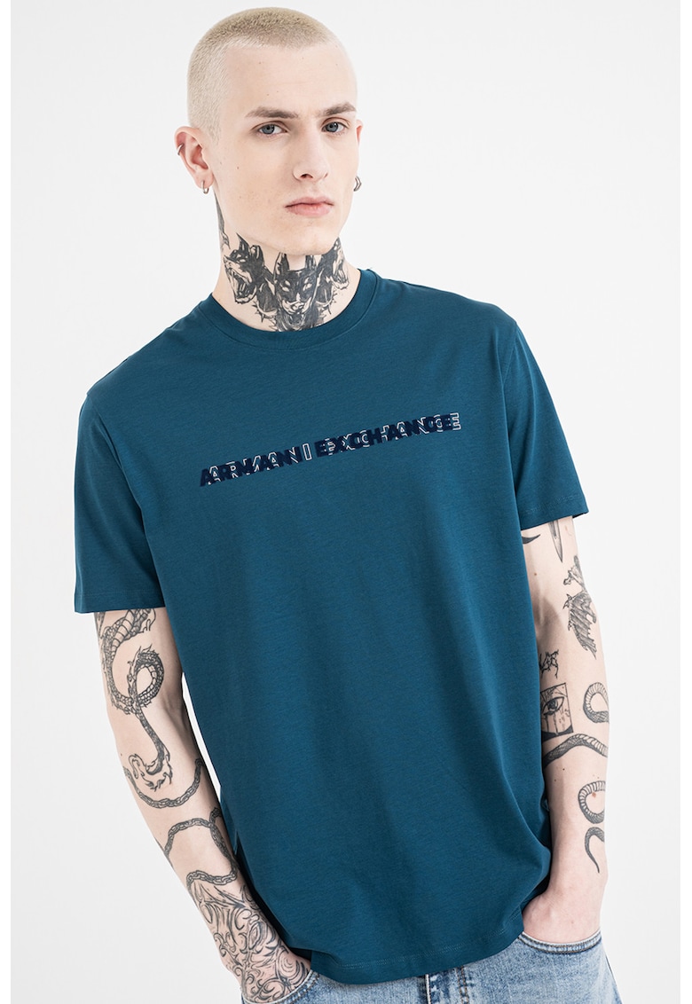 Tricou de bumbac cu model text - Alb/Albastru petrol/Bleumarin