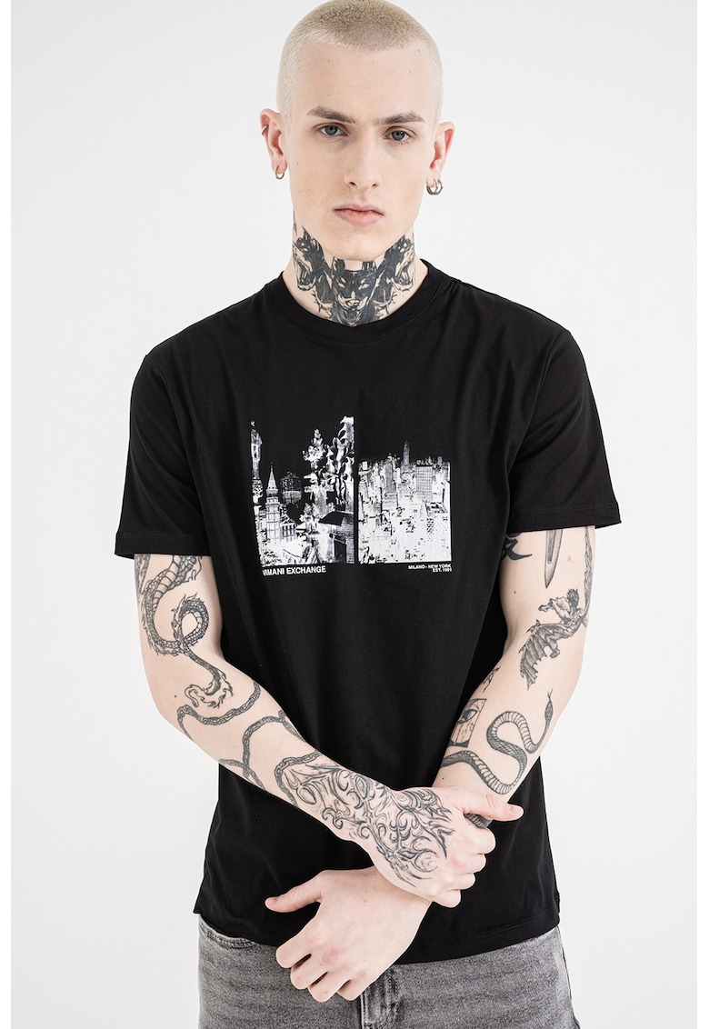 Tricou regular fit cu model grafic - Negru/Alb murdar