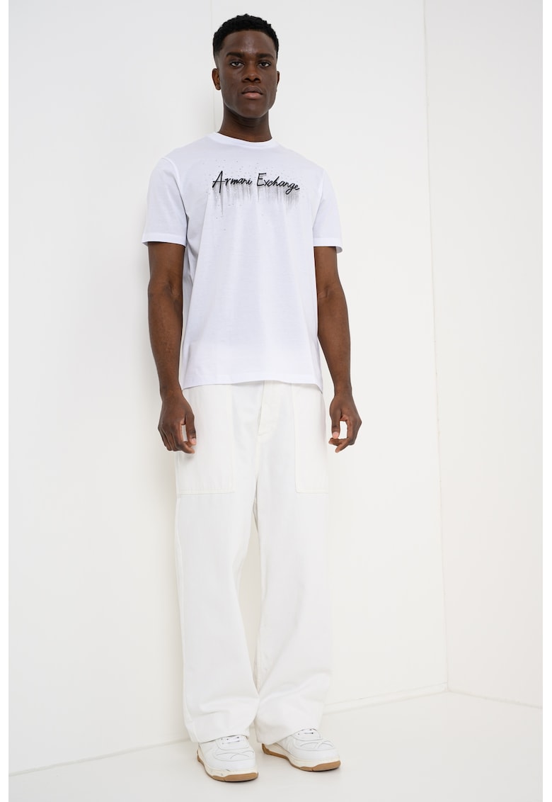 Tricou cu logo si decolteu la baza gatului - Negru/Alb optic/Argintiu