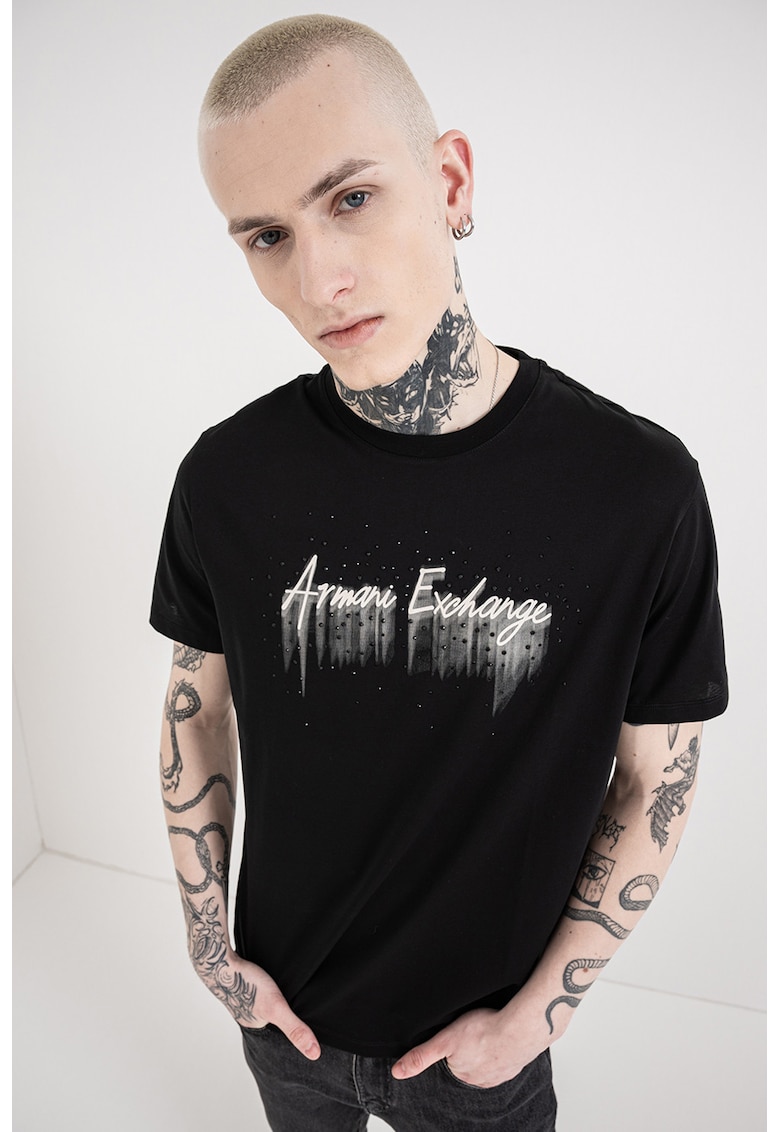 Tricou cu logo si decolteu la baza gatului - Negru/Alb murdar