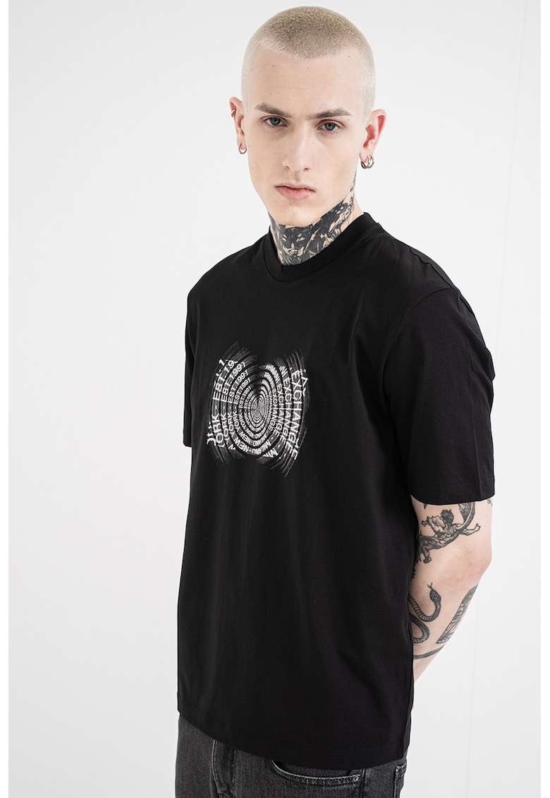 Tricou cu decolteu la baza gatului si model grafic - Negru/Alb murdar