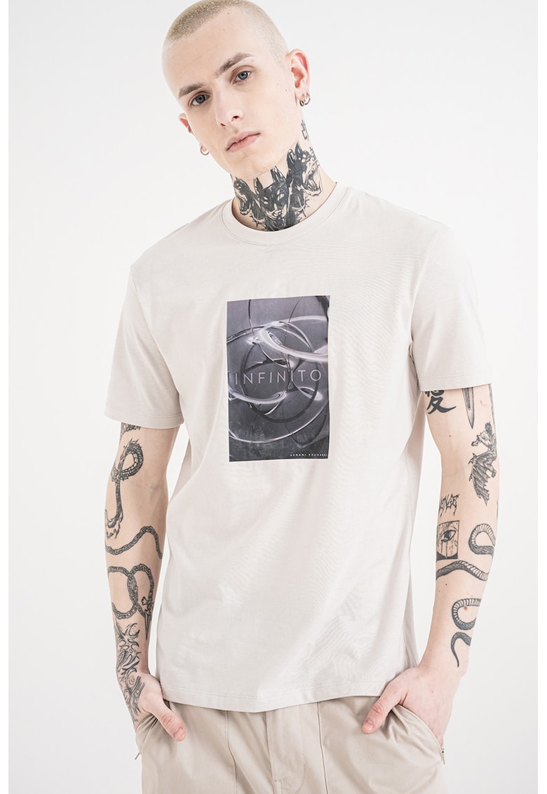 Tricou de bumbac cu model grafic - Gri deschis/Gri carbune/Alb murdar