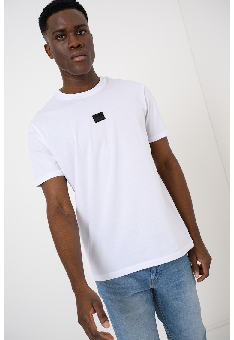 Tricou de bumbac cu decolteu la baza gatului si logo - Negru/Alb optic