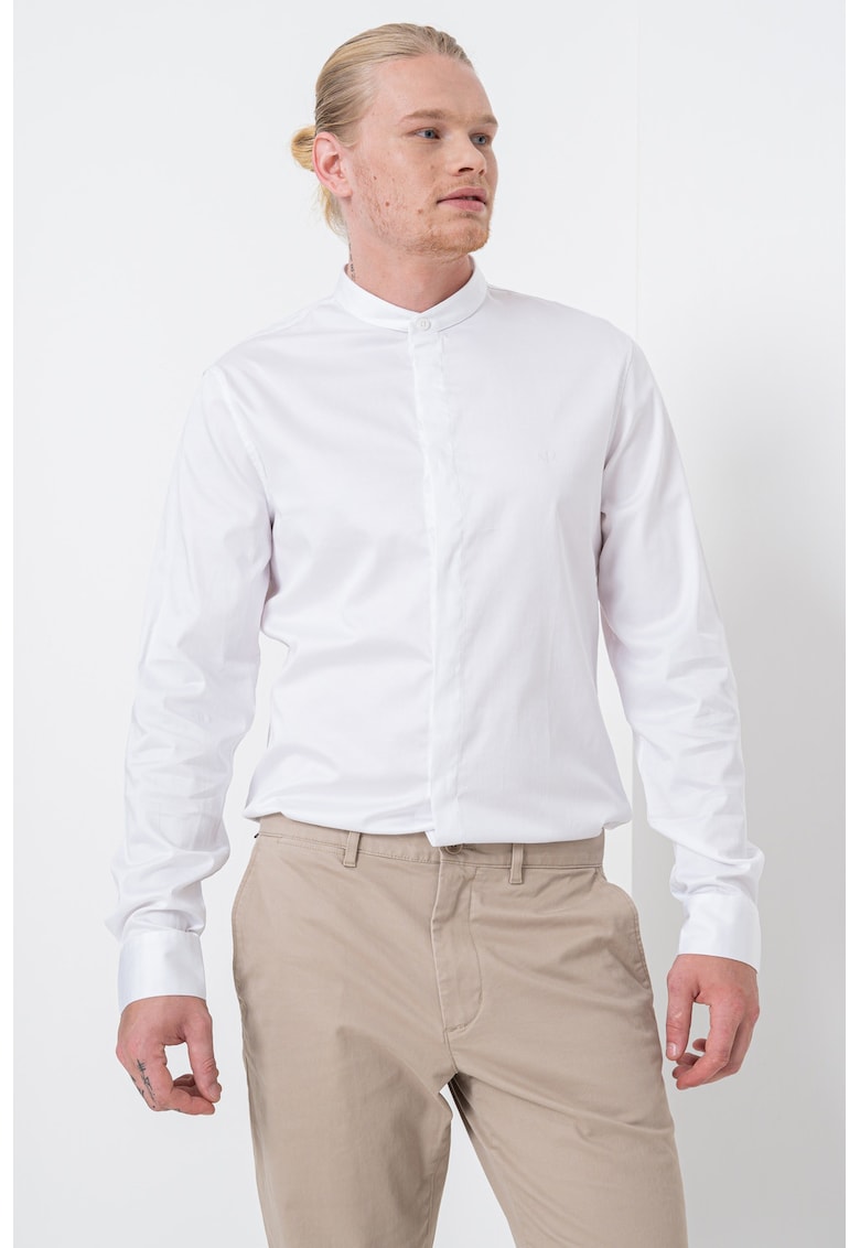 Camasa de bumbac cu guler Henley - Alb optic