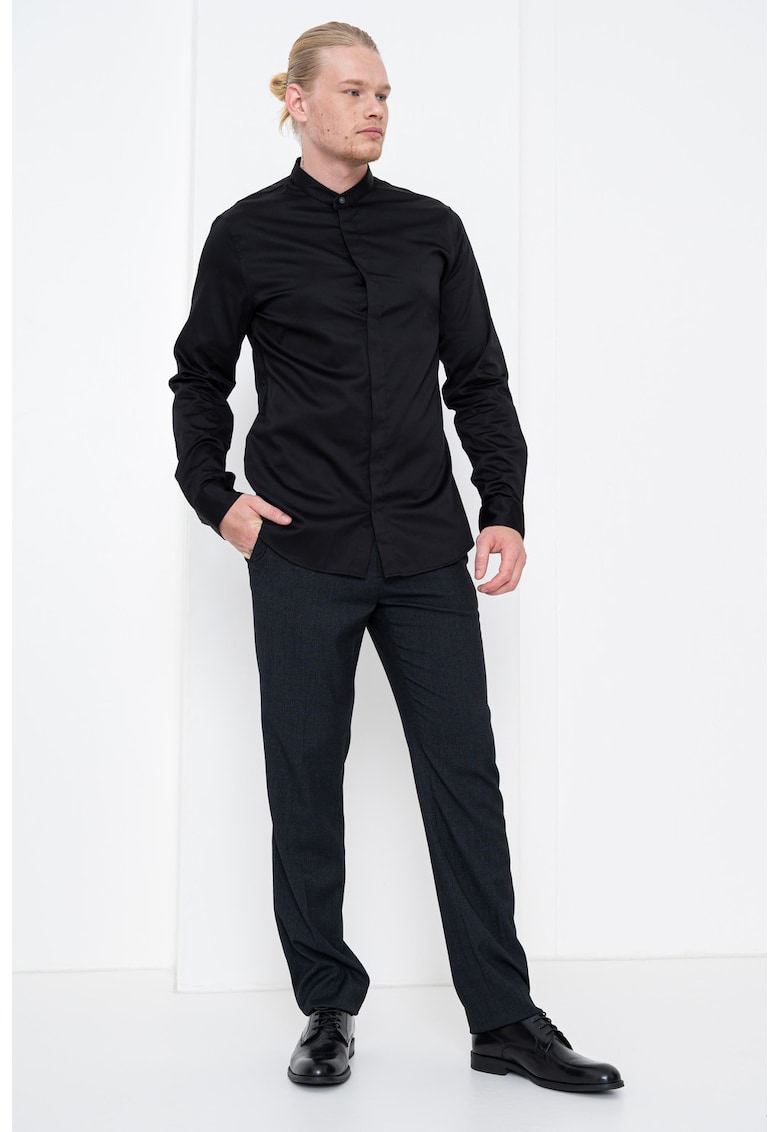 Camasa de bumbac cu guler Henley - Negru