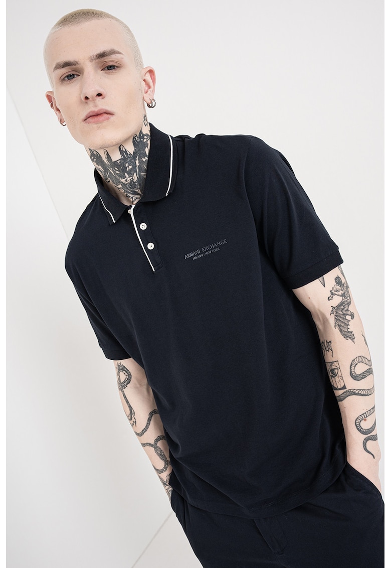 Tricou polo uni - Alb/Bleumarin