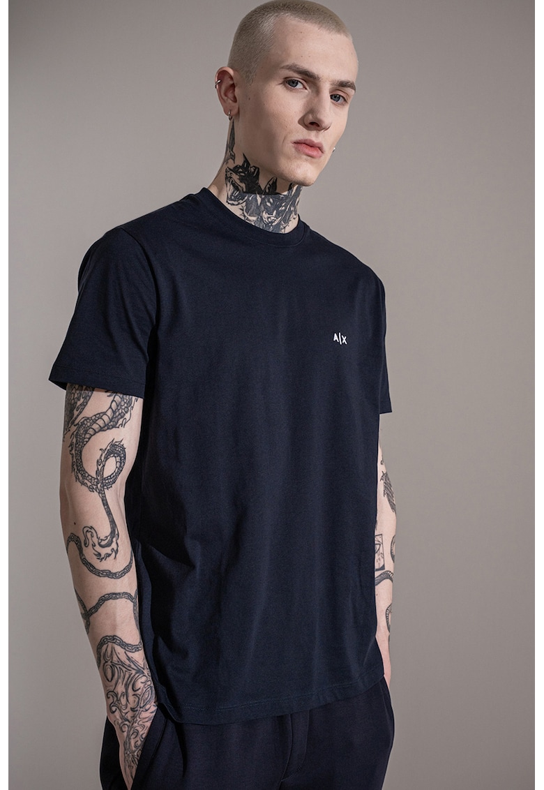 Tricou uni de bumbac cu logo discret - Alb/Bleumarin