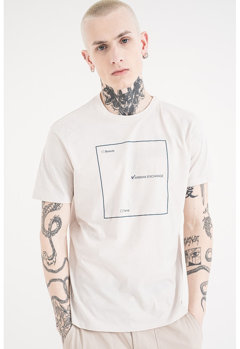 Tricou de bumbac cu decolteu la baza gatului si imprimeu logo - Gri deschis/Verde englez