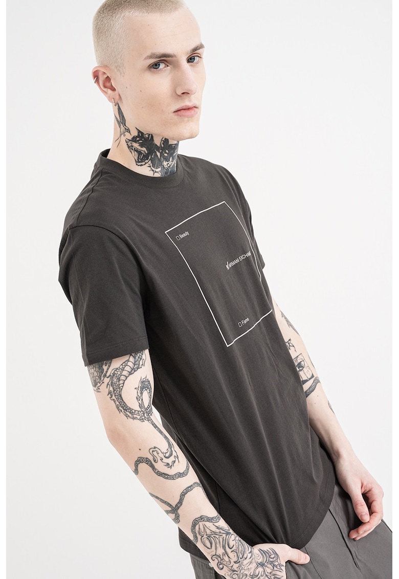 Tricou de bumbac cu decolteu la baza gatului si imprimeu logo - Gri antracit