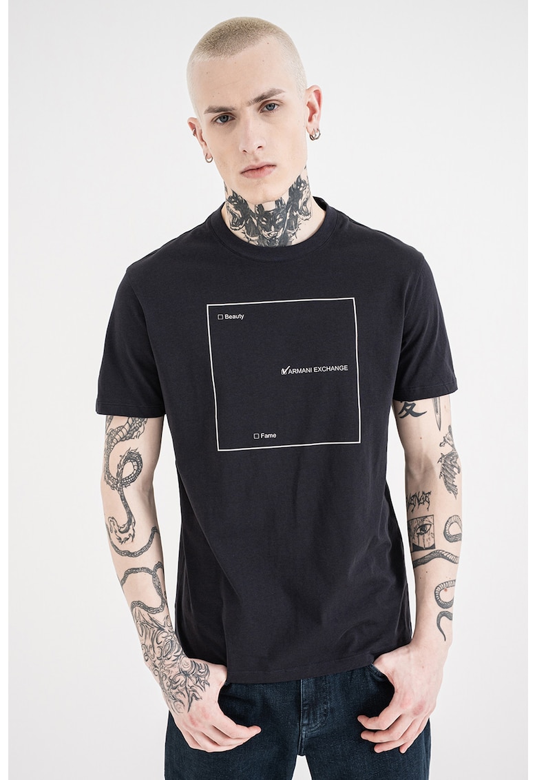 Tricou de bumbac cu decolteu la baza gatului si imprimeu logo - Alb/Bleumarin