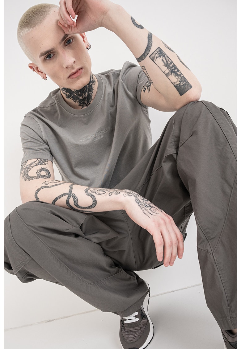 Tricou din bumbac cu decolteu la baza gatului si logo brodat - Gri cenusiu