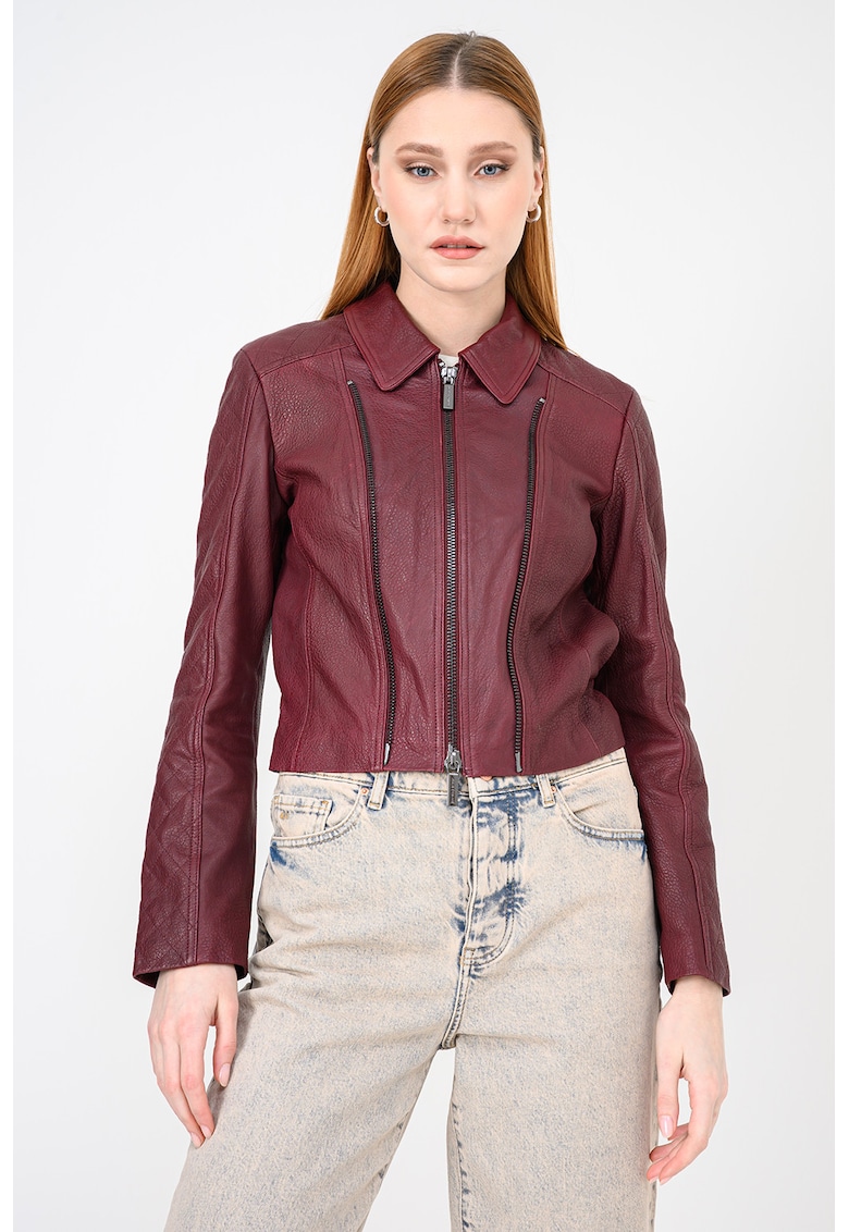 Jacheta crop de piele cu guler clasic