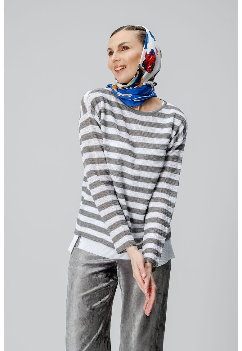 Bluza din amestec de in cu dungi si decolteu rotund