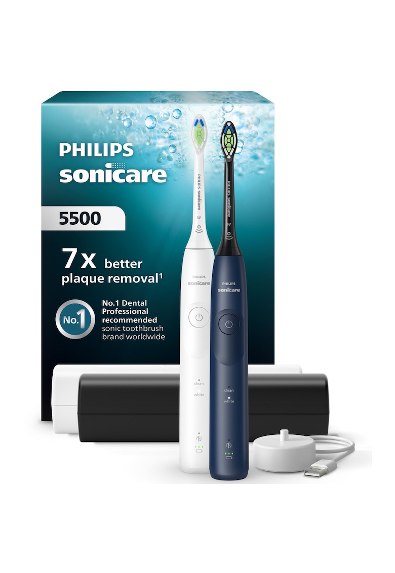 Set doua periute electrice HX7119/01 - 62.000 miscari/minut - autonomie 21 zile - 2 moduri periere - 1 intensitate - senzor presiune integrat - functia BrushSync - 2x capete de periere Optimal White - 2x Toc de transport - alb-albastru
