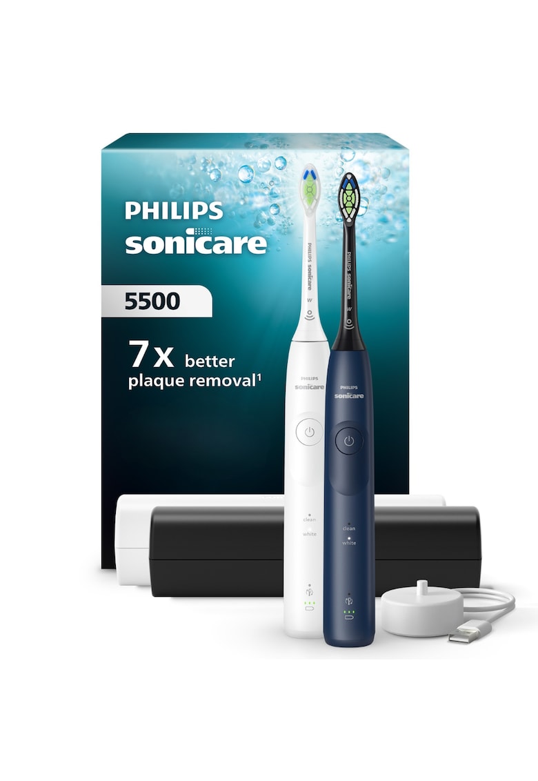 Set doua periute electrice HX7119/01 - 62.000 miscari/minut - autonomie 21 zile - 2 moduri periere - 1 intensitate - senzor presiune integrat - functia BrushSync - 2x capete de periere Optimal White - 2x Toc de transport - alb-albastru