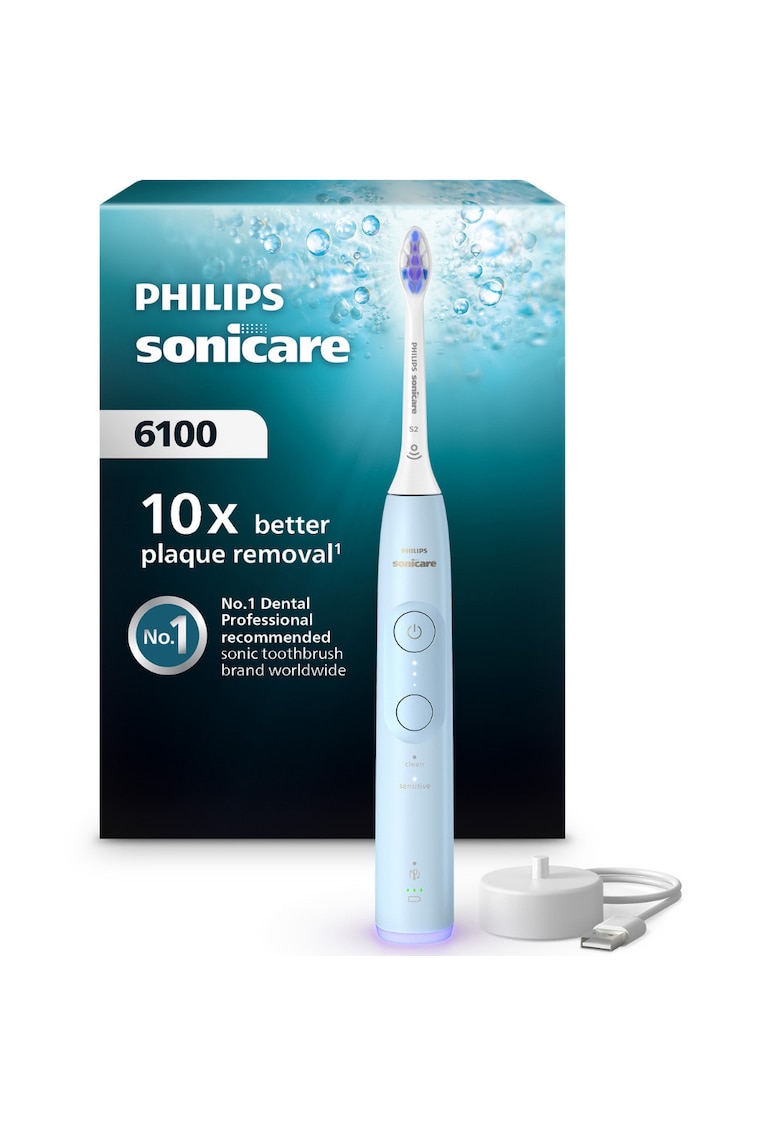 Periuta de dinti electrica HX7406/01 - 62.000 miscari/minut - autonomie 21 zile - 2 moduri de periere - 3 intensitati - senzor presiune luminos - functia BrushSync - capat de periere Sensitive - bleu