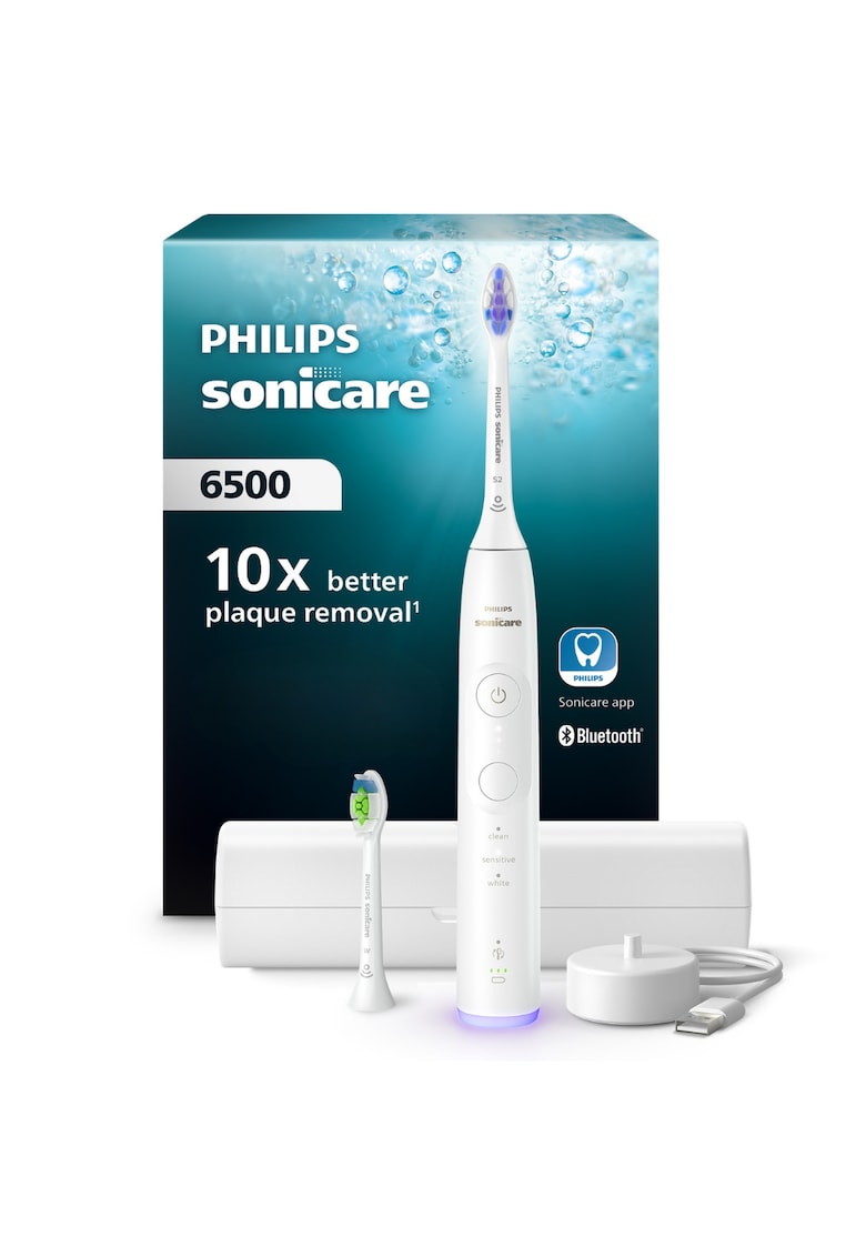 Periuta de dinti electrica HX7410/02 - 62.000 miscari/minut - autonomie 21 zile - 3 mod de periere -3 intensitati - senzor presiune luminos - functia BrushSync - capat de periere Optimal White - capat de periere Senstive - toc transport - alb