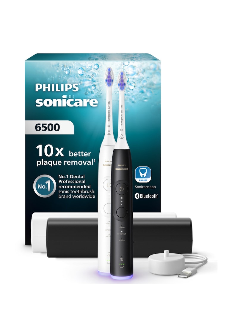 Set doua periute de dinti electrice HX7419/01 - 62.000 miscari/minut -autonomie 21 zile - 3 moduri periere - 3 intensitati - senzor presiune luminos - functia BrushSync - 2x capete de periere Sensitive - 2x Toc de transport - alb-negru