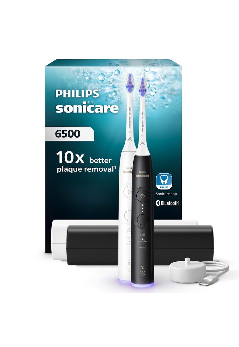 Set doua periute de dinti electrice HX7419/01 - 62.000 miscari/minut -autonomie 21 zile - 3 moduri periere - 3 intensitati - senzor presiune luminos - functia BrushSync - 2x capete de periere Sensitive - 2x Toc de transport - alb-negru