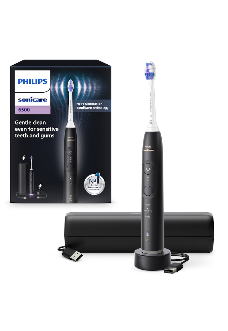 Periuta de dinti electrica HX7411/02 - 62.000 miscari/minut - autonomie 21 zile - 3 moduri de periere -3 intensitati - senzor presiune luminos - functia BrushSync - capat de periere Senstive - toc transport - negru