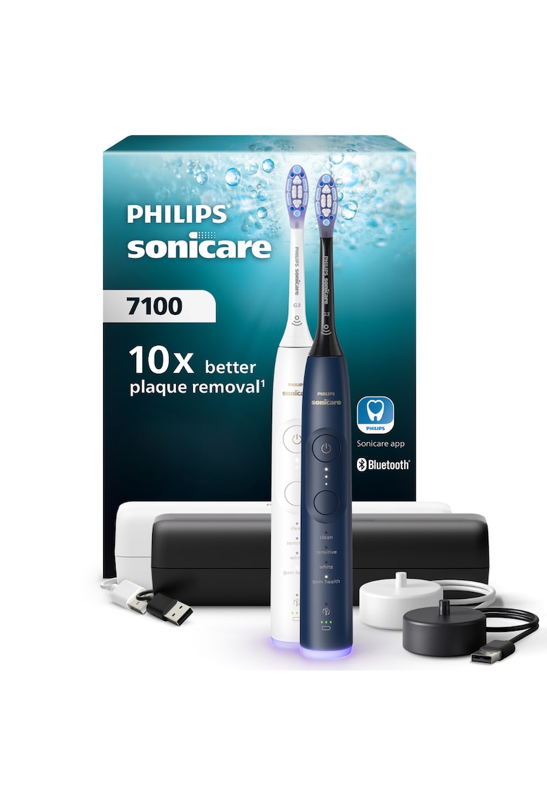 Set doua periute de dinti electrice HX7429/01 - 62.000 miscari/minut -autonomie 21 zile - 4 moduri periere - 3 intensitati - senzor presiune luminos - functia BrushSync - 2x capete de periere GumCare - 2x Toc de transport - alb-albastru