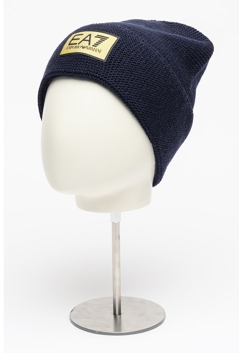 Caciula tricotata din amestec de lana cu aplicatie logo - Albastru ultramarin/Galben pal