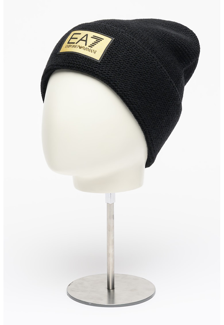 Caciula tricotata din amestec de lana cu aplicatie logo - Negru