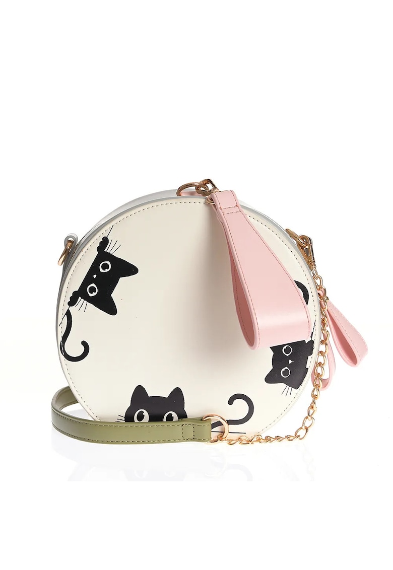Geanta rotunda alba cu imprimeu pisici si bareta roz