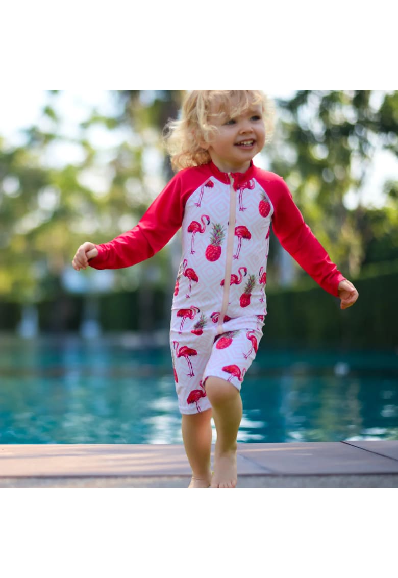 Costum de baie cu protectie solara UPF 50+ -  - Swimster Flamingo - Rosu si Alb - pentru fetite - 18-24 luni - Rosu