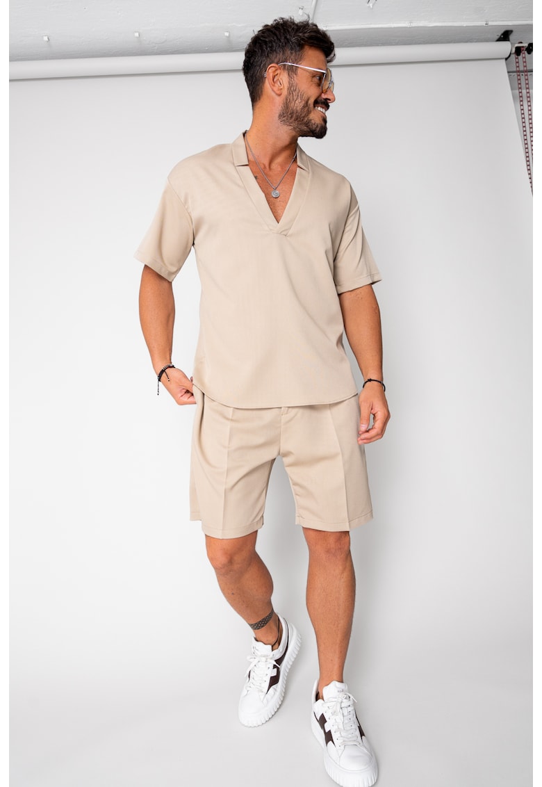 Set Como bluza V-cut si pantaloni scurti Beige 16740 - Bej