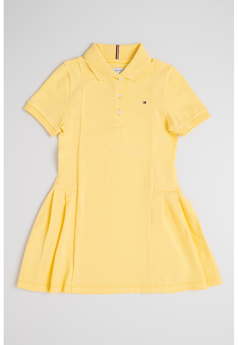 Rochie evazata cu guler polo si pliuri - Galben